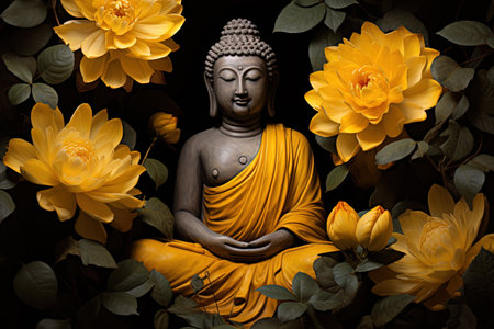 Buddha statue with yellow lotus flowers on black background.の素材