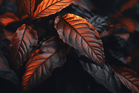 Beautiful red leaves on dark background, closeup. Nature backgroundの素材