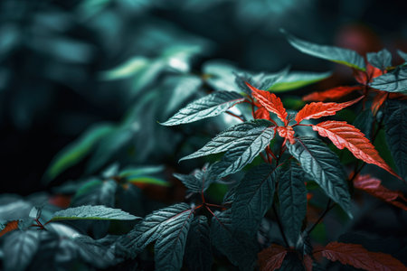 Close up of red and green leaves in the forest, nature background