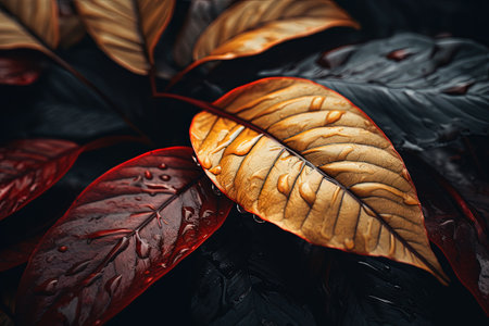 Red and brown leaves with drops of water on a black background.の素材