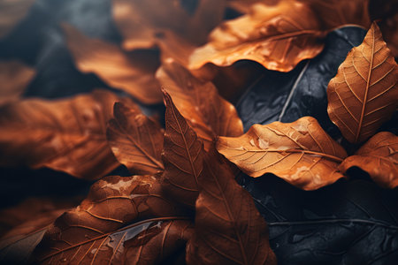 Autumn leaves on dark background. Seasonal background. Autumn conceptの素材