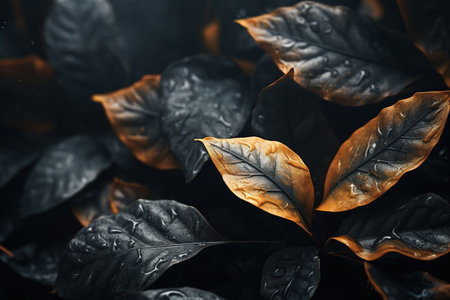 Close-up of golden leaves on dark background. Selective focus.の素材