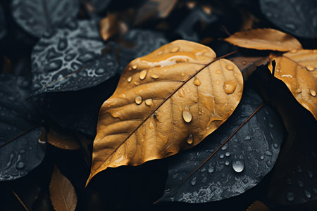Beautiful autumn leaves with raindrops on dark background, closeupの素材