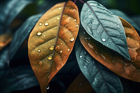 Water drops on the leaves after the rain. Colorful nature background.の素材