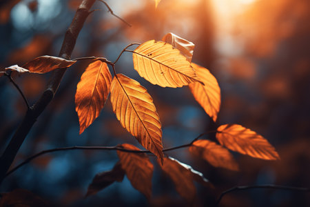 Autumn leaves on a tree branch in the rays of the sunの素材