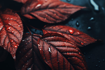Beautiful red leaves with water drops on dark background, closeupの素材