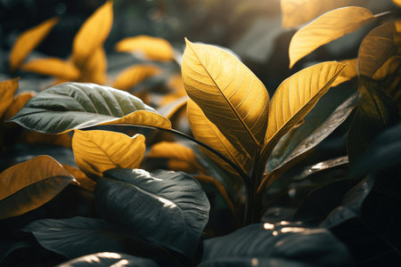 Close up of green leaves with sunlight in the morning. Nature backgroundの素材