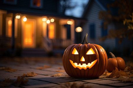 Halloween pumpkin in front of a house at night. Jack o lanternの素材