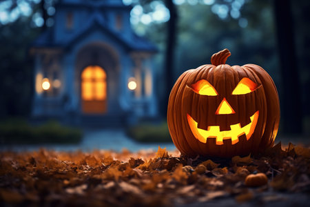 Halloween pumpkin in front of haunted house on autumn leaves background.の素材
