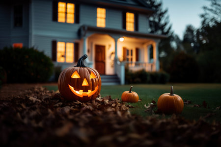Halloween pumpkins in front of a beautiful house at night.の素材
