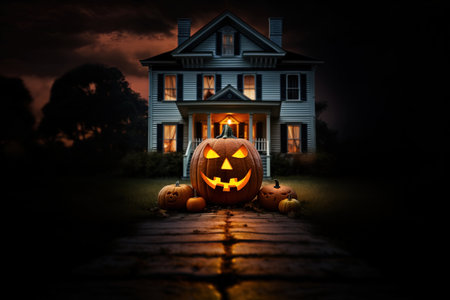 Halloween pumpkins in front of house at night. Halloween conceptの素材