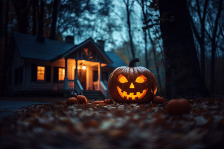 Halloween pumpkin in front of house in the forest. Halloween conceptの素材