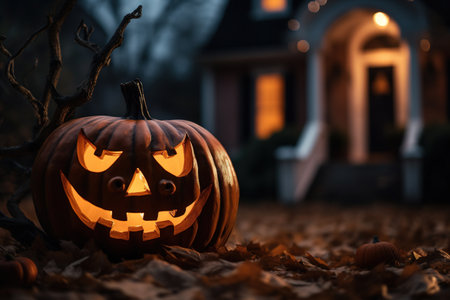 Halloween pumpkin in front of the house. Spooky background.の素材