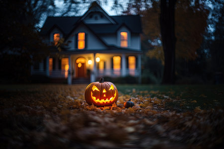 Halloween pumpkins in front of house at night. Selective focusの素材