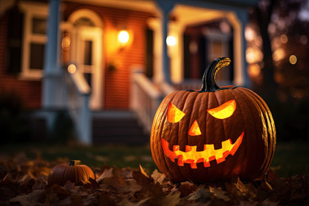 Halloween pumpkin head jack lantern in front of a house at nightの素材