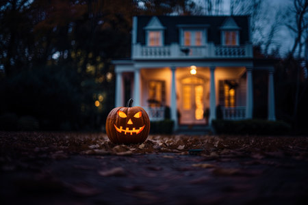 Halloween pumpkins in front of house at night. Selective focusの素材