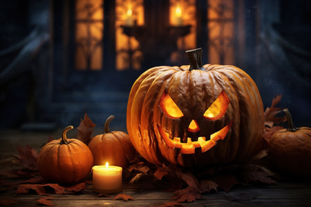 Halloween pumpkin head jack o lantern with candles and autumn leaves on wooden tableの素材