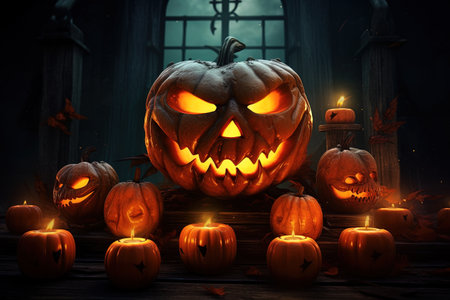 Halloween pumpkins with scary faces and candles on dark background.の素材