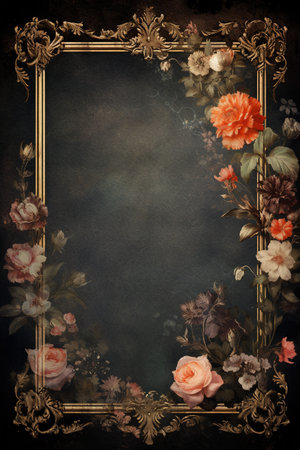 Vintage frame with flowers on grunge background. Copy space.の素材