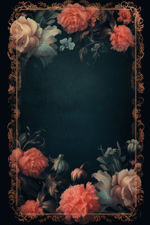 Vintage floral frame with peony flowers on dark blue background.の素材