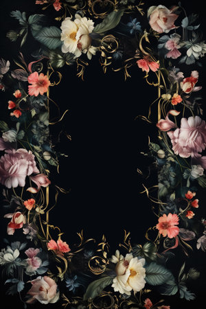 Vintage floral frame with flowers and leaves on a black background.の素材