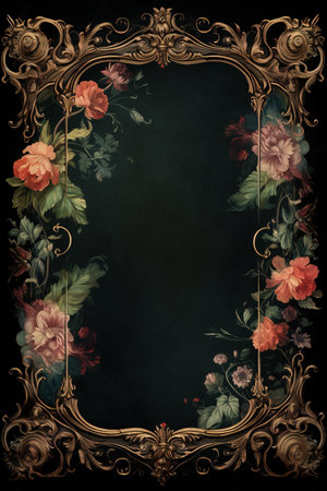 Vintage frame with flowers on dark background. Hand-drawn illustration.の素材