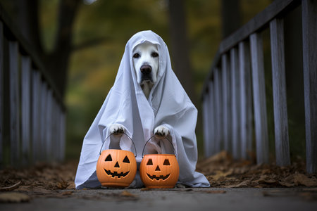 Halloween theme: dog in a white cloak with pumpkins on the streetの素材