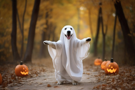 Halloween theme: funny white dog in ghost costume with pumpkinsの素材