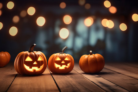 Halloween pumpkins on wooden table with bokeh background.の素材