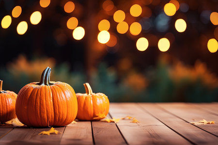 Halloween background with pumpkins on wooden table and bokeh lightsの素材