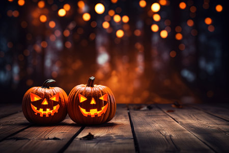 Halloween pumpkins on wooden background with bokeh lights.の素材