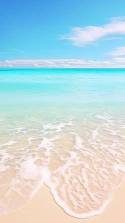 Beautiful sandy beach with turquoise water and blue sky backgroundの素材