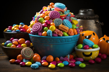 Colorful candies and jelly beans in bowl on wooden table.の素材