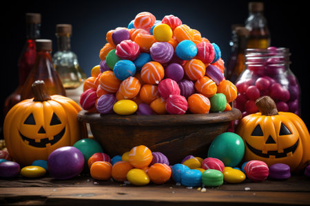 Colorful candies in bowl on wooden table. Halloween concept.の素材