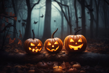 Halloween pumpkins with scary faces in the dark forest. Halloween concept.の素材