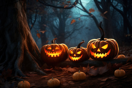 Halloween pumpkins in the dark forest, 3d rendering.の素材