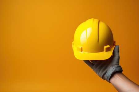 hand in glove holding yellow hard hat on orange background with copy spaceの素材