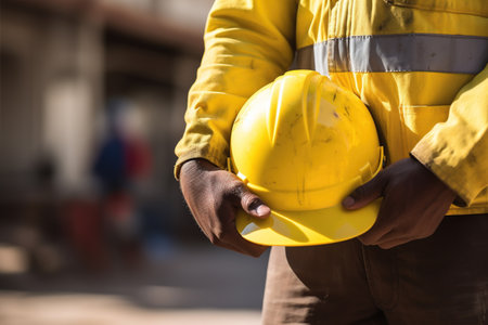 Close-up of a construction worker holding a yellow safety helmet.の素材