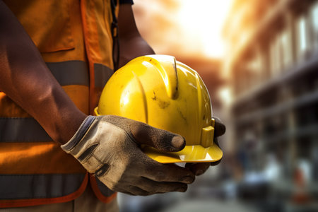 Close up of construction worker hand holding safety helmet on blurred building backgroundの素材