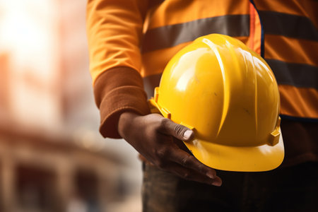 Close-up of construction worker hand holding safety helmet on construction site backgroundの素材