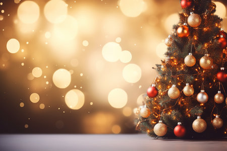 Christmas tree with golden and red baubles and lights on bokeh backgroundの素材