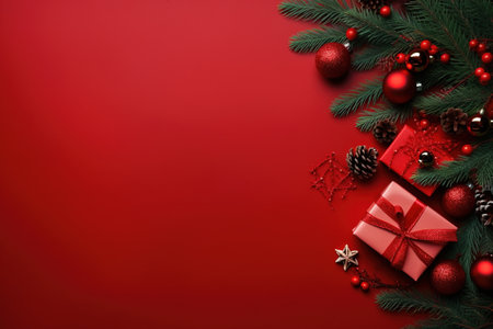 Christmas background with fir branches, red balls and gift box on red backgroundの素材