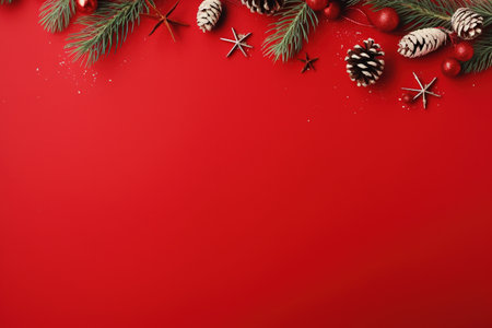 Christmas background with fir branches and red balls on a red background.の素材