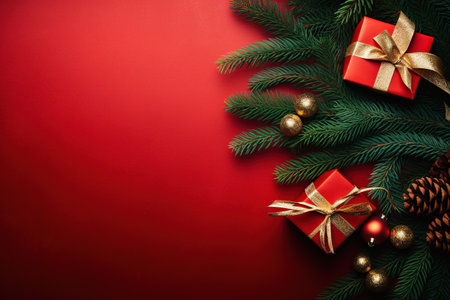 Christmas background with fir tree branches and gift boxes on red background.の素材