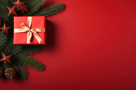 Christmas gift box and fir tree branches on red background. Top view with copy spaceの素材