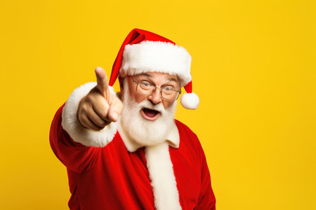 Portrait of happy Santa Claus pointing finger at camera isolated over yellow backgroundの素材