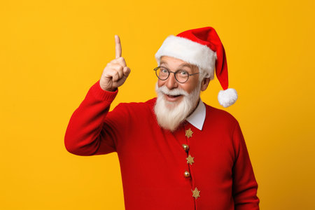 Portrait of a senior man in santa claus clothes on yellow backgroundの素材