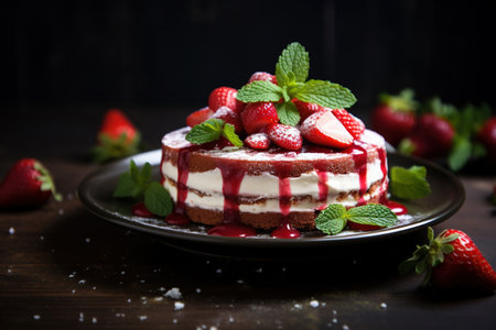 Strawberry cake with whipped cream and fresh berries, selective focusの素材