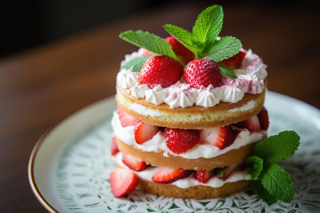 Strawberry cake with whipped cream and fresh strawberries on a plateの素材