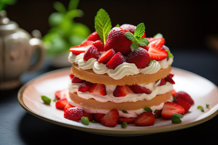 Strawberry cake with whipped cream and fresh strawberries, selective focusの素材